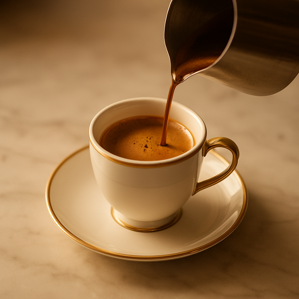 A premium cup of Golden Lama coffee in warm golden light